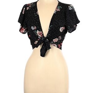 Floral Tie-Front Crop Top - Black